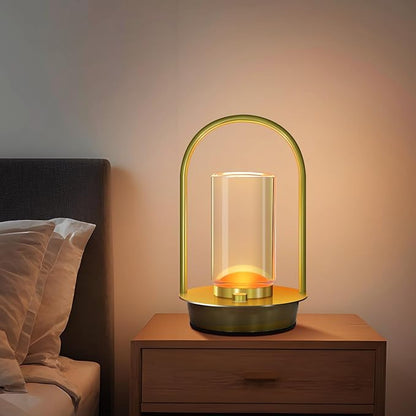 Portable Metal Table Lamp for Outdoor Indoor 3 Colors Cordless Table Lamp Rechargeable Dimmable Battery Powered Small Desk Lamps Crystal Lantern Lamps for Patio Bedroom Restaurant Bar Camping(Gold)
