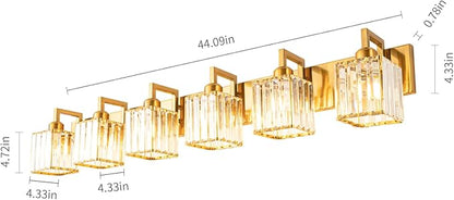 Modern Crystal Bathroom Vanity Light - 6-Lights Gold Brushed Brass Finish Wall Lamp