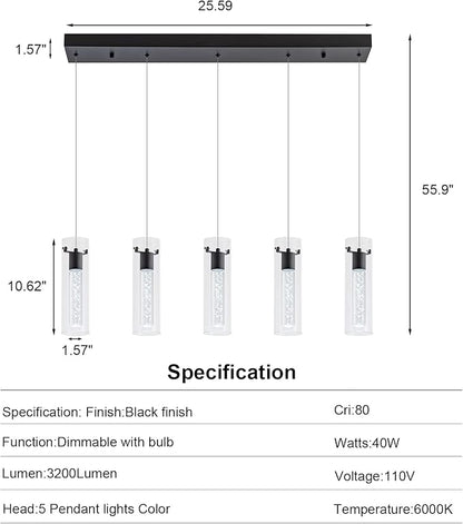 Black Pendant Light, 5-Light Pendant Lighting for Kitchen Island, Pendant Lights Kitchen Island for Dining Room, Living Room, Corridor, Cafe bar, Club, Restaurant