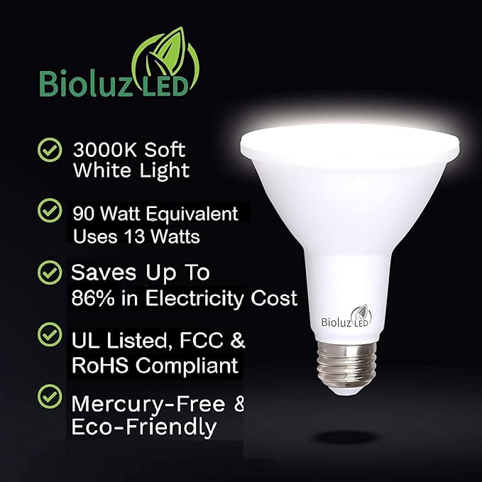 Bioluz LED 4 Pack PAR38 LED Light Bulb 90W Equivalent Using 13W 3000K Soft White 1050 Lumens E26 Base Dimmable Flood Light Bulbs Indoor/Outdoor UL Listed FCC RoAS Compliant High Efficacy LED Bulbs