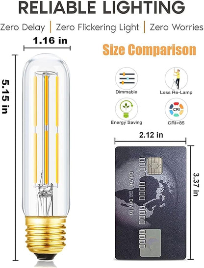 T10 Led Bulb,Dimmable 6W Led Tubular Bulbs, 60 Watt Incandescent Bulb Equivalent, 3000K Soft White, Clear Glass, E26 Base Lamp Bulb, for Cabinet Display Cabinet etc,6 Pack. (Soft White-6P)