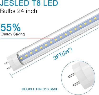 JESLED 2FT T8 LED Tube Light, 10W(24W Equiv.), 5000K Daylight, 1120LM, 24 Inch Type A+B LED Bulb, Plug & Play or Ballast Bypass, Double-Ended, F17T8 Fluorescent Replacement, Clear, 4 Pack, ETL