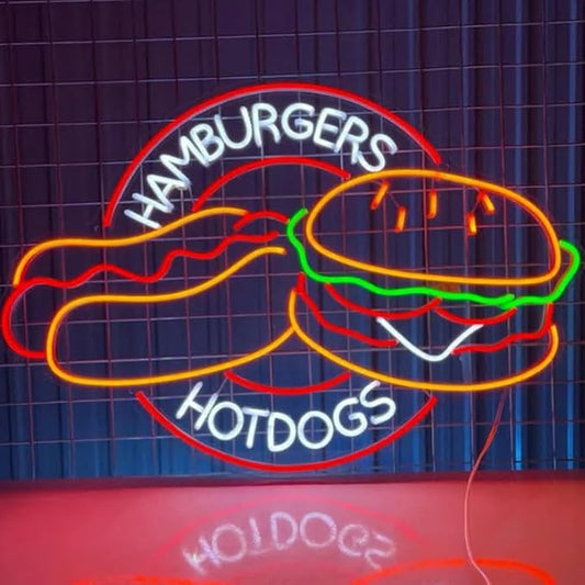 Hamburgers Hotdogs Neon Sign, Burger Led Sign, Fast Food Restaurant Decor, Hamburger Store Wall Art Size:20inch