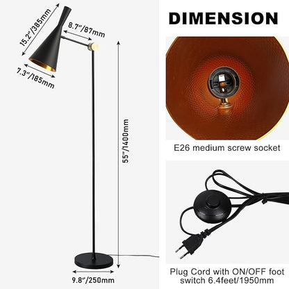 Modern Industrial Floor Lamp For Bedroom, 64'' Adjustable Gold Inner Shade Tall Floor Lamp For Office, Living Room, Skinny Corner Accent Reading Standing Lamp, Retro Farmhouse Mid-Century, Black