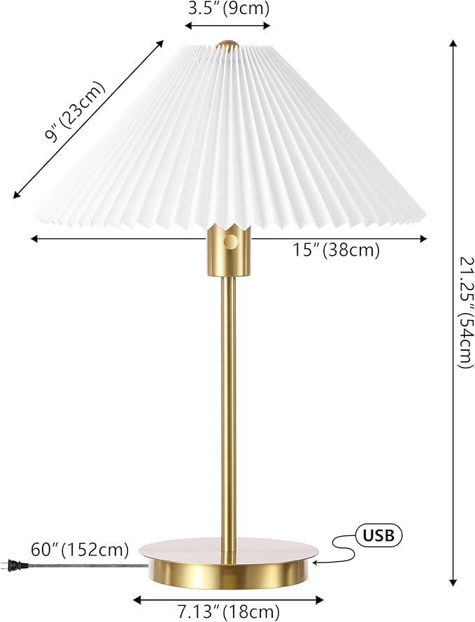 JONATHAN Y JYL1149A 21.25" Modern Glam Metal Table Lamp with USB Charging Port, Brass Gold Bedside Lamp for Bedroom, Living Room, Minimalist Desk Lamp with White Pleated Shade, LED Bulb Included