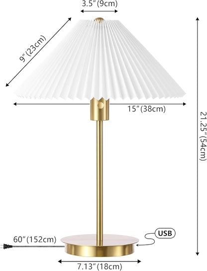 JONATHAN Y JYL1149A 21.25" Modern Glam Metal Table Lamp with USB Charging Port, Brass Gold Bedside Lamp for Bedroom, Living Room, Minimalist Desk Lamp with White Pleated Shade, LED Bulb Included