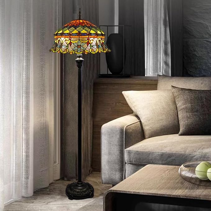 Tiffany Floor Lamp with Bead Jewel Glass Vintage Standing Lamp with Pull Chain Traditional Stained Glass Floor Reading Light for Living Room Bedroom Farmhouse - Handmade Art Glass Shade