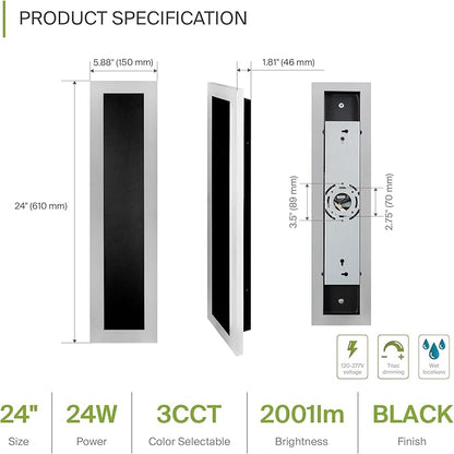 ASD LED 24" Long Wall Mount Light Fixture, Outdoor & Indoor Linear Sconce | 3CCT, Dimmable, Waterproof, Anti-Rust, ETL Listed | 24W 2000LM 3000-5000K 100-277V | Exterior Porch Lighting | Black