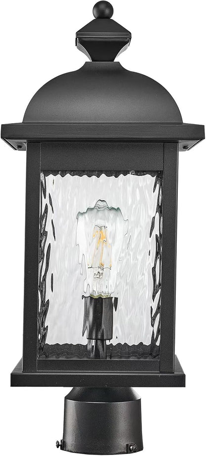 Outdoor Pole Light Aluminum Outdoor Post Light Hard Wired with Water Ripple Glass Matte Black Finish 16 Inch Height Outdoor Column Lighting E26 Socket