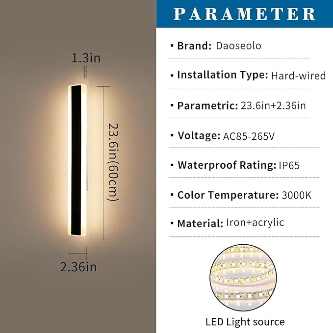 2 Pack 23.6inch Modern Outdoor Light Fixture, 3000K-6000K Dimmable Wall Sconce, IP65 Waterproof Linear Exterior LED Light with Remote Control, Black Aluminium for Porch, Patio, Garage