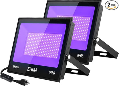 150W Black Lights for Glow Party Large Space,Blacklight(Luz Negra) with Plug and Switch 180°Metals Adjustable Bracket,IP66 Waterproof for Halloween, Birthday Party, Fluorescent Poster,Holiday.2 Pack