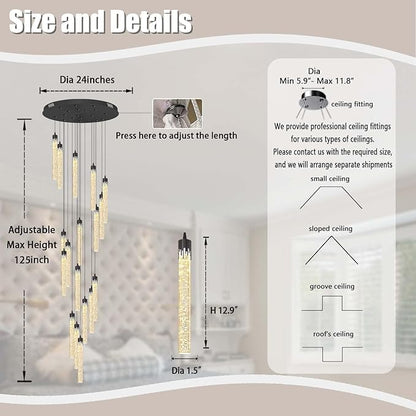 H125'' Modern Crystal Chandeliers for Entryway 18-Lights LED Dimmable Chandeliers Lighting Fixture Large Pendant Light for Staircaes Living Room Villa