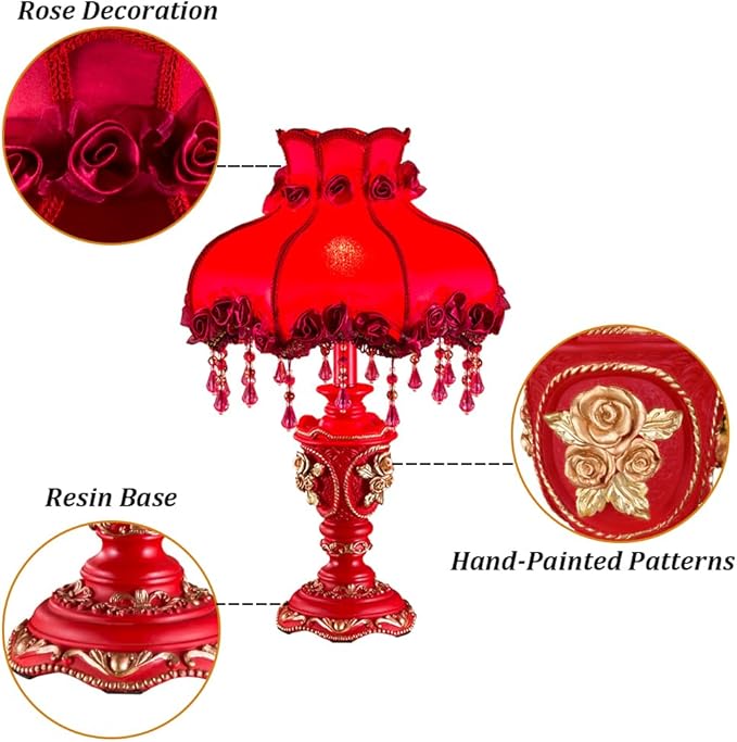 Elegant Table Lamp with Fabric Lampshade, Antique Flower Decorative Bedside Desk Lamp, Rose Decoration Night Light for Bedroom Nightstand