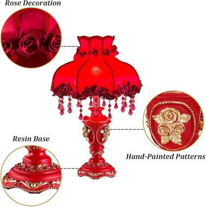 Elegant Table Lamp with Fabric Lampshade, Antique Flower Decorative Bedside Desk Lamp, Rose Decoration Night Light for Bedroom Nightstand