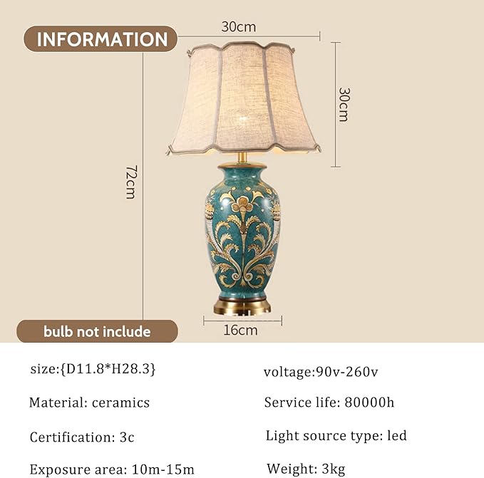 28.3” Green Tall Table Lamp chinoiserie Ceramic Table Lamp Colored Flower and Bird Decoration and Branch Bell Shade Decor Classic Traditional Bedside Desk Nightstand Lamp for Bedroom Living Room