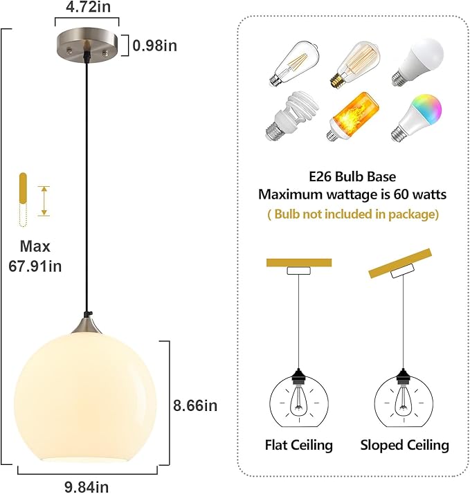 Milky Luster Glass Pendant Lights Kitchen Island Globe Pendant Light Fixtures Modern Pendant Lighting for Bedroom Living Dining Room Light Fixture (9.84 in, 2 Pack)