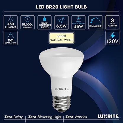 LUXRITE BR20 LED Bulb, 45W Equivalent, 3500K Natural White, Dimmable, 460 Lumens, R20 LED Flood Light Bulb 6.5W, Energy Star, Damp Rated, E26 Base, Perfect for Recessed and Track Lighting (12 Pack)