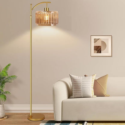 Glass Floor Lamp for Living Room,Bedroom,Gold Mid Century Modern Standing Lamp with Remote,Dimmable Brass Tall Lamp Amber Flower Lamp Vintage Floor Lamps Arc Floor Light Boho Bohemian