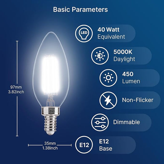 FLSNT 5000K Daylight B10 Dimmable LED E12 Candelabra Bulbs, 40W Equivalent LED Chandelier Light Bulbs, 450LM, Clear Glass Finishing, 12 Pack UL,CA65 Listed.