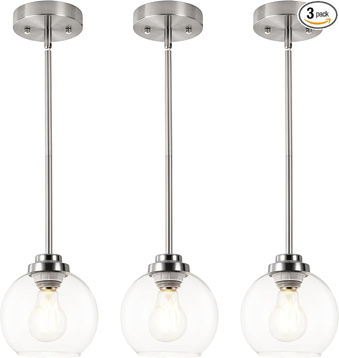 3 Pack Globe Pendant Light, Brushed Nickel Hanging Ceiling Light Fixtures with White Frosted Glass Shade, Modern House Adjustable Lights for Kitchen Island Bedroom Hallway