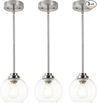 3 Pack Globe Pendant Light, Brushed Nickel Hanging Ceiling Light Fixtures with White Frosted Glass Shade, Modern House Adjustable Lights for Kitchen Island Bedroom Hallway