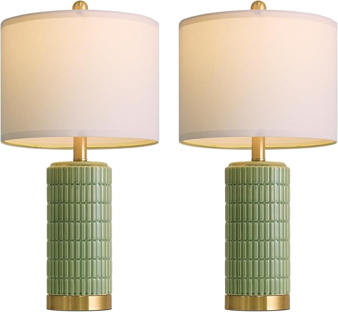 PoKat Bedside Table Lamps Set of 2 for Living Room with 2 USB Ports, 21.5'' Small Modern Nightstand Lamps for Bedroom, Ceramic Side Table Lamps with Gold Base for Office Entryway Decor Gift (Green)