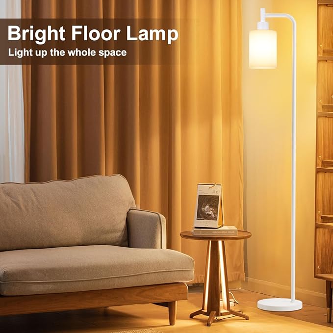 Floor Lamps for Living Room - Industrial Standing Lamp with Glass Shade, Modern White Floor Lamp with LED Bulbs, Farmhouse Floor Lamp for Bedroom, Tall Lamp for Office - White