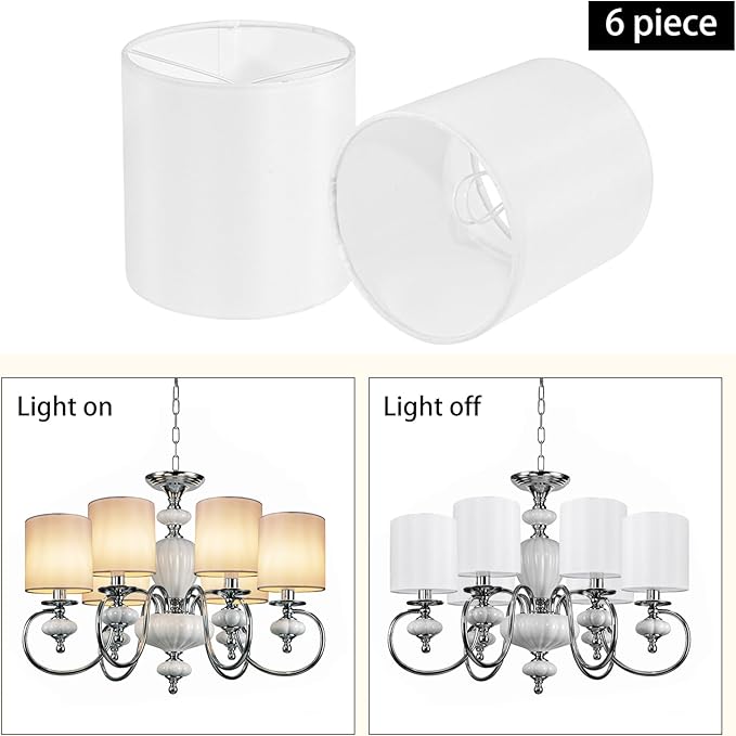 Chandelier Lamp Shades, Small Lamp Shades Clip-on Bulbs Only for Candelabra Bulbs, White Chandelier Shades 6 Pcs, Mini Lampshades for Chandeliers 5.1" X 5.1" X 5.3, Home Decor Fabric Linen Lampshade