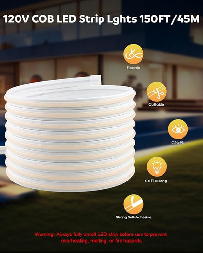 Aclorol Outdoor LED Strip Lights Waterproof 150ft 1 Roll AC 110V 120V COB LED Rope Light Strip with Strong Self-Adhesive for for Indoor Outdoor Home Commercial Lighting Warm White 3000K 288led/M
