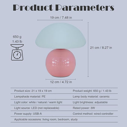 Cute Small Mushroom Lamp, PE Lampshade, Ceramic Spherical Base, Adjustable Light Color and Brightness, Safe USB Powered, Energy-Saving LED Mushroom Light for Bedroom Living Room (Pink)