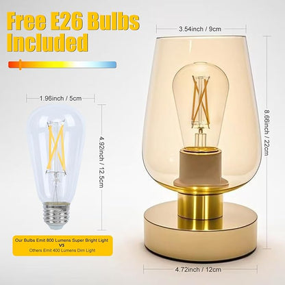 Touch Bedside Table Lamp with Glass Shade, Gold Modern Small Lamp for Bedroom Living Room Nightstand, 3 Way Dimmable Desk Lamp with USB C+A+AC Outlet Charging Ports, 800LM LED Bulb Included