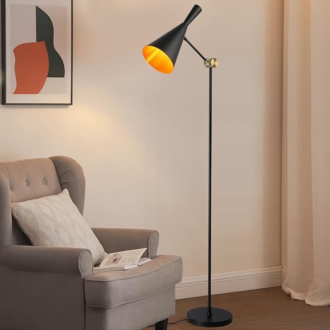 Modern Industrial Floor Lamp For Bedroom, 64'' Adjustable Gold Inner Shade Tall Floor Lamp For Office, Living Room, Skinny Corner Accent Reading Standing Lamp, Retro Farmhouse Mid-Century, Black