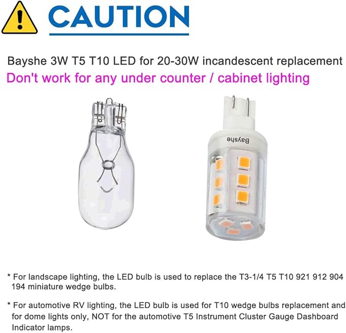Bayshe T10 Wedge Base LED Light Bulb 3watt Equivalent to 30W Halogen 12VAC/DC for Camper RV Tailer Outdoor Landscape Patio Path Driveway Malibu Paradise Lighting(2700K Warm White)-8 Pack