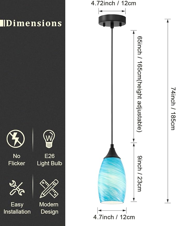 ANYLOVE Vintage Art Lake Blue Stripe Pendant Lighting,1-Pack Hand Glass Hanging Light Fixture,Adjustable Cord for Kitchen,Hallway,Dining Room