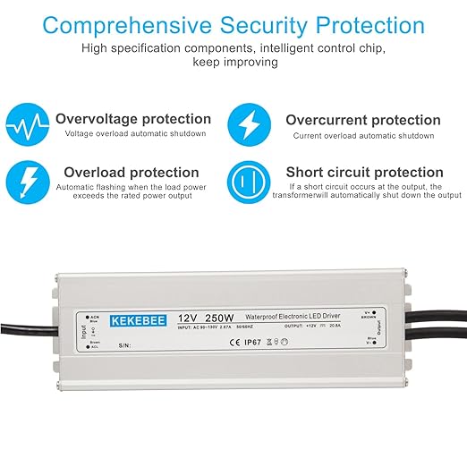 LED Driver 12V250W Waterproof Power Supply IP67 AC90-130V to DC 12V20.8A Converter Switching Power Supply Suitable for Indoor Outdoor LED Light Strip and Any 12V DC High-End Devices