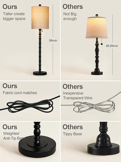 Buffet Lamps, Table Lamps Set of 2-30" H Tall with Sturdy Metal Bases & Textured Linen Shades - UL Certified, Ideal for Creating a Cozy Vibe in Living Rooms, Dining Rooms & Entryways (Matte Black)