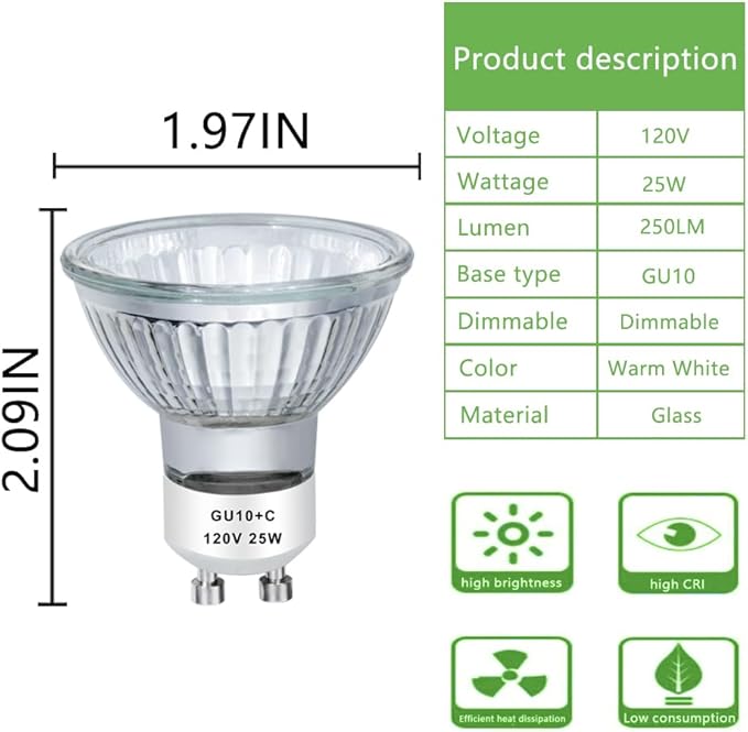 GU10 120V 50W Halogen Bulb MR16 Glass Cover GU10+c Bulb 2700k Warm White Dimmable, 50W Replacement Bulb for Wax Burner Light Bulb, Candle Warmer Bulbs, Scentsy Warmers (4 Pack)