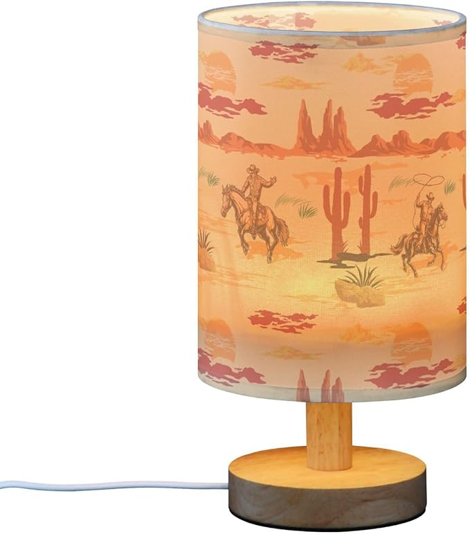 Bedside Lamp West Cowboy Horse Cactus Table Lamp for Bedroom LED Nightstand Lamp Shade USB Ports Wood Base for Living Room Dorm Office