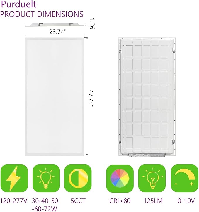 4 Pack 2X4 LED Flat Panel Light Drop Ceiling Office Fixture 5 CCT 3000K-6500K Adjustable & 5 Wattage 30W-40W-50W-60W-72W Selectable, 0-10V Dimmable,LED Troffer Flat Panel Light