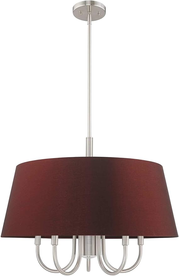 Livex Lighting 52905-91 Belclaire - Six Light Chandelier, Brushed Nickel Finish with Red Wine Fabric Shade