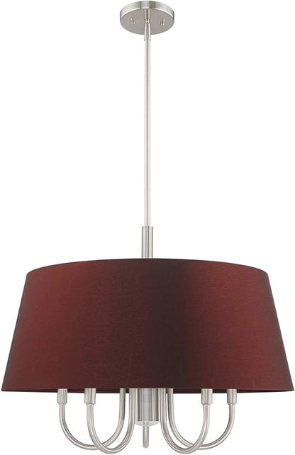 Livex Lighting 52905-91 Belclaire - Six Light Chandelier, Brushed Nickel Finish with Red Wine Fabric Shade