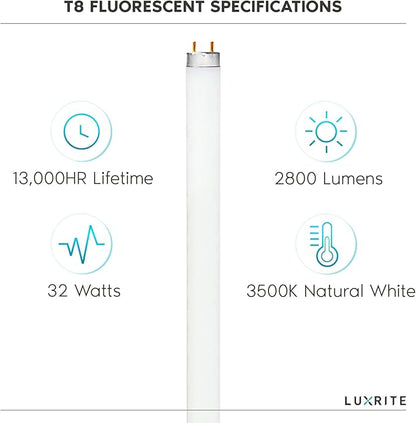 LUXRITE F32T8/835 32W 48 Inch T8 Fluorescent Tube Light Bulb, 3500K Natural White, 2800 Lumens, G13 Medium Bi-Pin Base, LR20740, 6-Pack