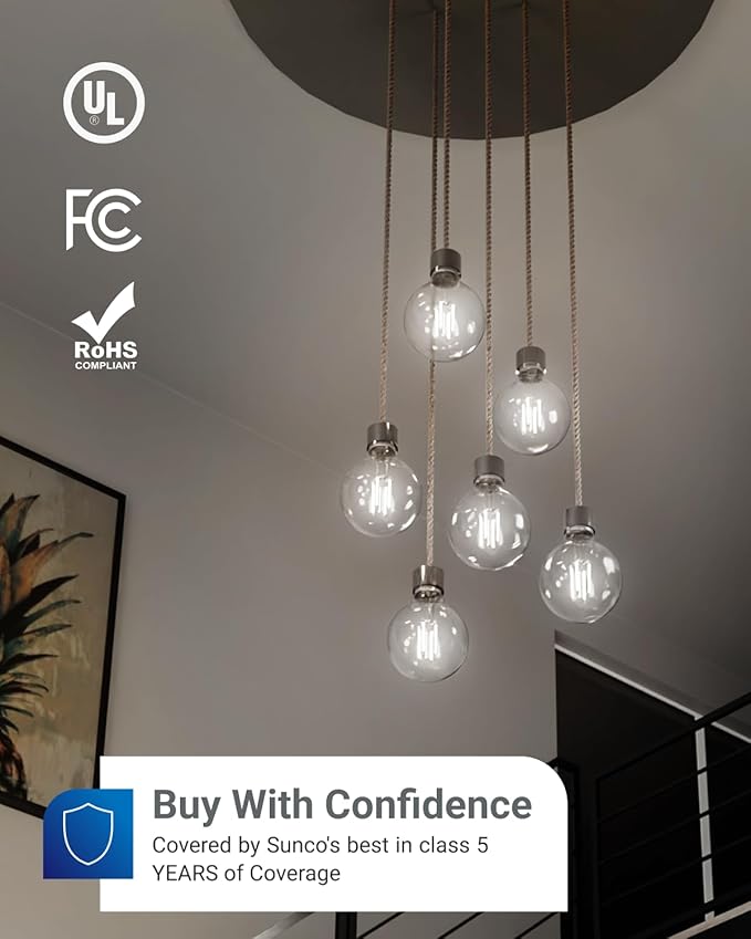 Sunco 10 Pack G25 LED Light Bulbs, Filament Edison Globe, Vanity Lighting Bulb for Bathroom Bedroom, 500 LM, 5W (60W Equivalent), 4000K Cool White, Dimmable, E26 Base, Clear UL.