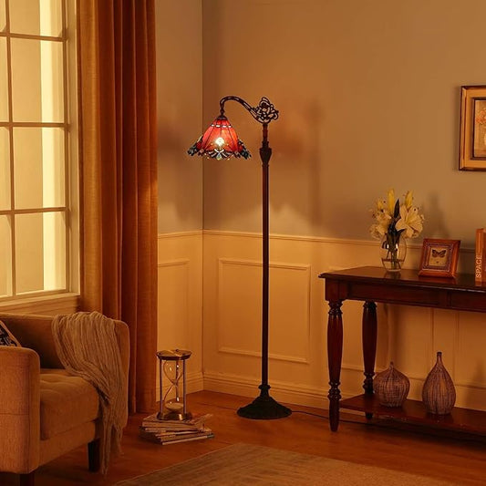 Bieye L10681 Baroque Tiffany Style Stained Glass Reading Floor Lamp with 13 Inch Wide Handmade Lampshade, Metal Base with Dark Brown Baking Finish, Red, 65 Inch Tall