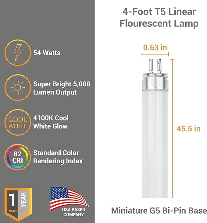 Diodesy- 4-Foot T5 Linear Fluorescent Light Bulb 54W (375W Equivalent) 5000 Lumen 4100K Cool White G5 Miniature Bi Pin Base Pack of 40- Replacement Tube Lamp for Under The Counter Under Cabinet RV