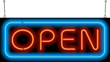 Deluxe Neon Open Sign with Border - Large Size - 32" wide x 13" high - Real, Quality Hand Bent Neon Sign - Red Letters with a Blue Outer Border