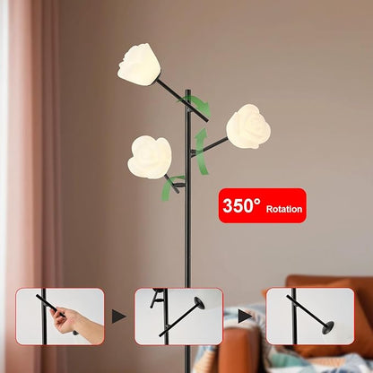 Fiqevs Tree Floor Lamp for Living Room, 3 Head Flower Standing Lamp with Adjustable Lampshade, Bulbs Included, Black LED Sputnik Mid Century Modern Tall Reading Lamp for Bedroom, Office