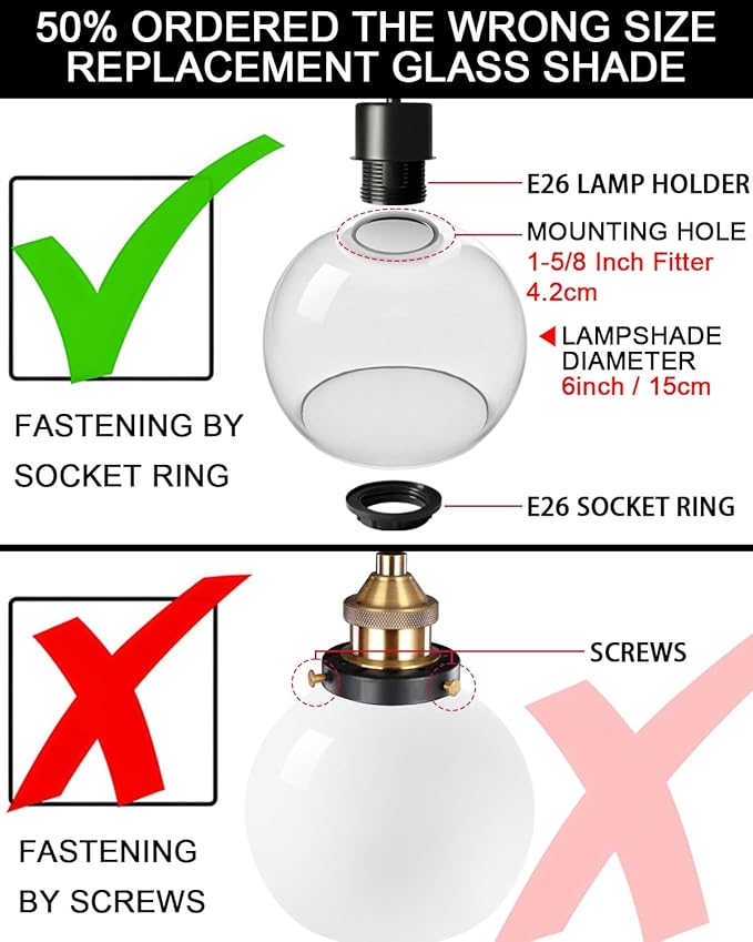 3 Pack Fixture Replacement Globe Shade, 6 Inch Diameter, E26 Base 1-5/8 Inch Fitter, Glass Globe Lampshade Cover for Pendant Wall Sconce Chandelier Vanity Light (3 Pack 6 Inch Blue Hammered Glass)