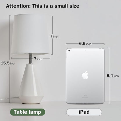 Small Bedside Table Lamp for Bedroom-Reading Desk Lamp Set of 2,with 3 Color Temperatures,15.5" Nightstand Ceramic Lamp with Fabric Shade for Kids Room,Living Room,Dorm,Home Office(White)