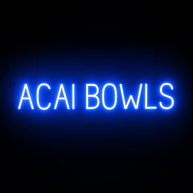 SpellBrite ACAI BOWLS Sign | Cafe-Related Sign with Neon Look, Blue LED Light Source | 37.2" x 6.3"